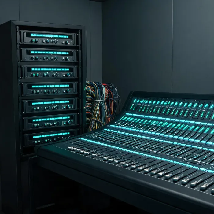 QSC amplifier rack and mixing control surface